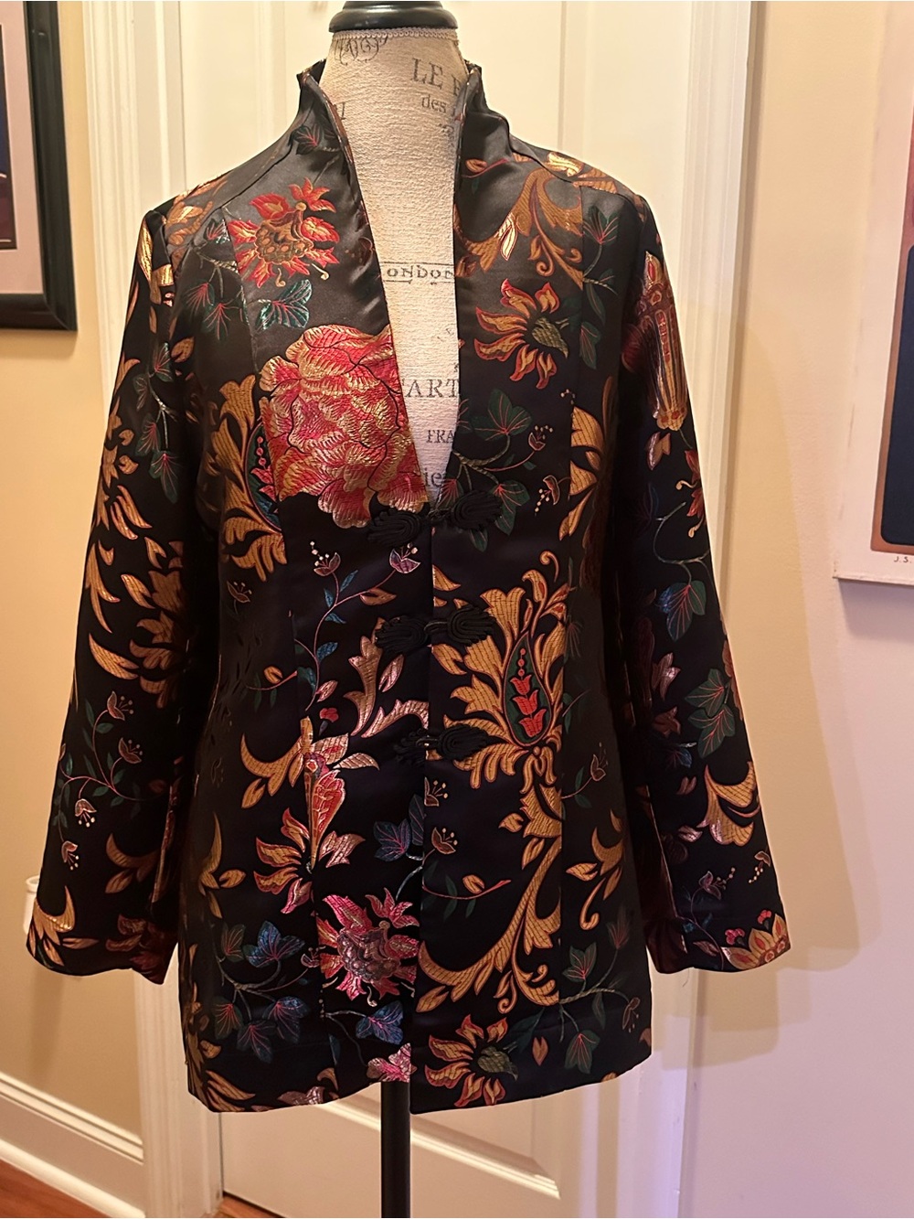 Soft Surroundings Black Brocade Floral Mandarin Jacket with Gold and Red Accents